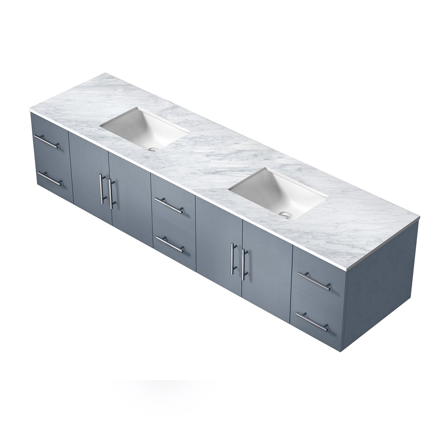 Geneva 84" Dark Grey Double Vanity, White Carrara Marble Top, White Square Sinks and no Mirror
