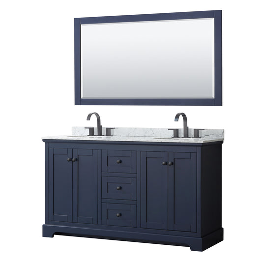 Avery 60 Inch Double Bathroom Vanity in Dark Blue, White Carrara Marble Countertop, Undermount Oval Sinks, Matte Black Trim, 58 Inch Mirror