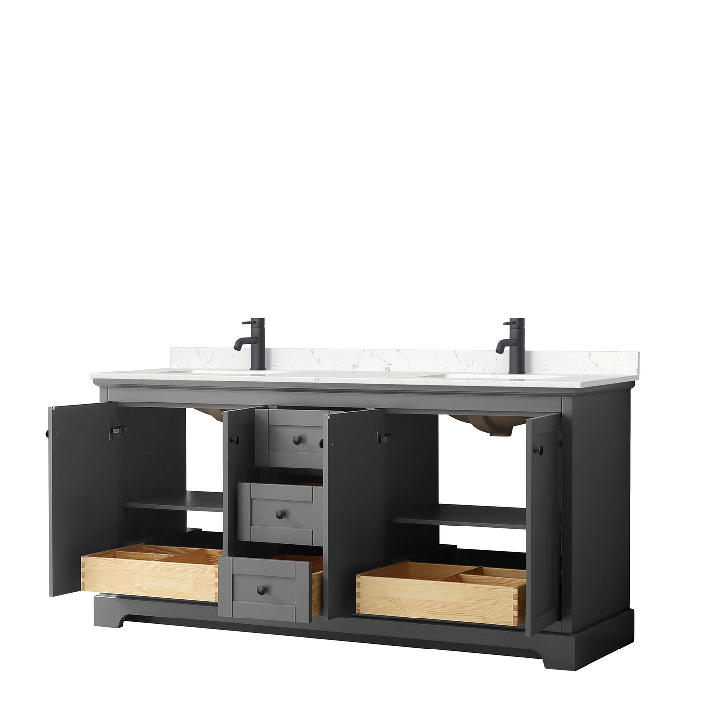 Avery 72 Inch Double Bathroom Vanity in Dark Gray, Carrara Cultured Marble Countertop, Undermount Square Sinks, Matte Black Trim