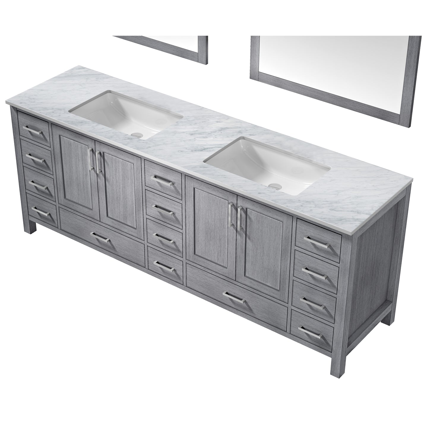 Jacques 84" Distressed Grey Double Vanity, White Carrara Marble Top, White Square Sinks and 34" Mirrors