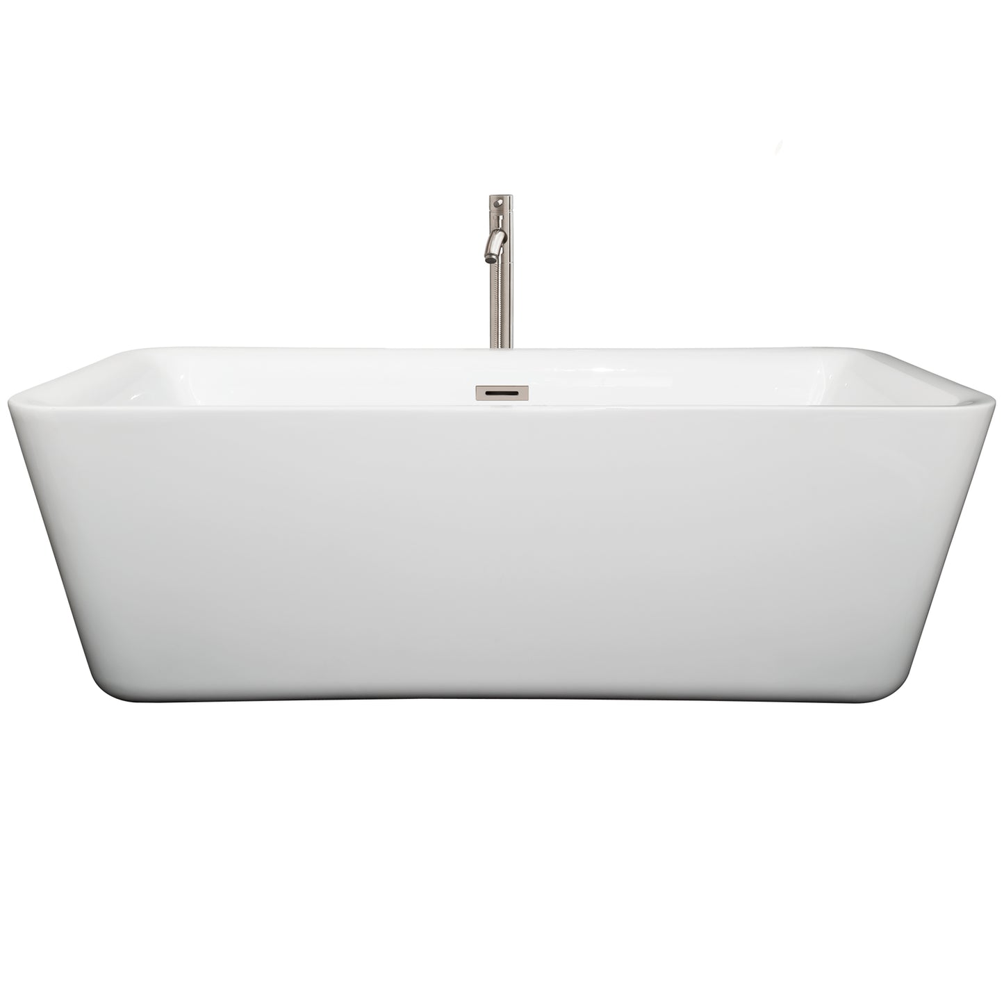 Emily 69 Inch Freestanding Bathtub in White with Floor Mounted Faucet, Drain and Overflow Trim in Brushed Nickel