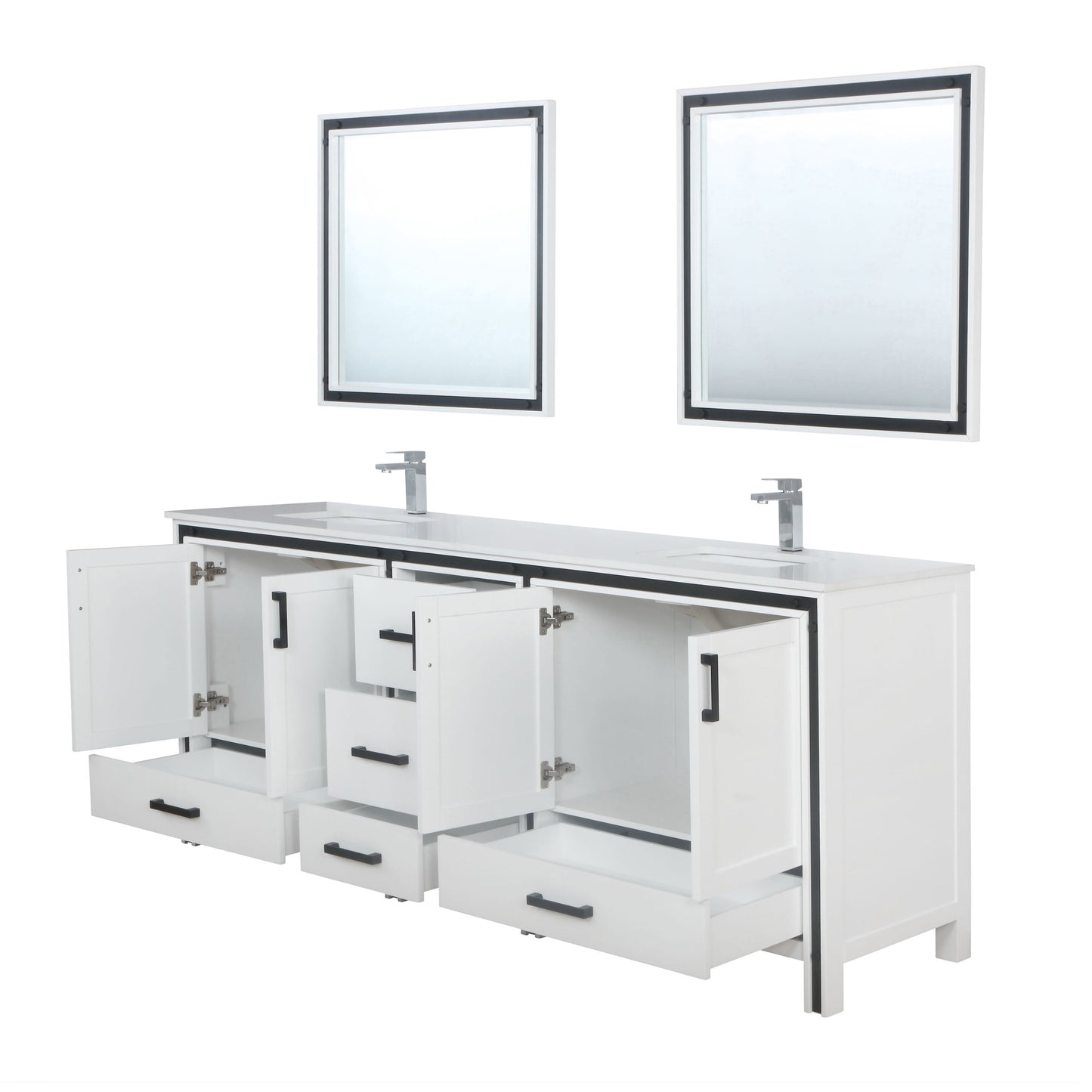 Ziva 84" White Double Vanity, Cultured Marble Top, White Square Sink and 34" Mirrors w/ Faucet