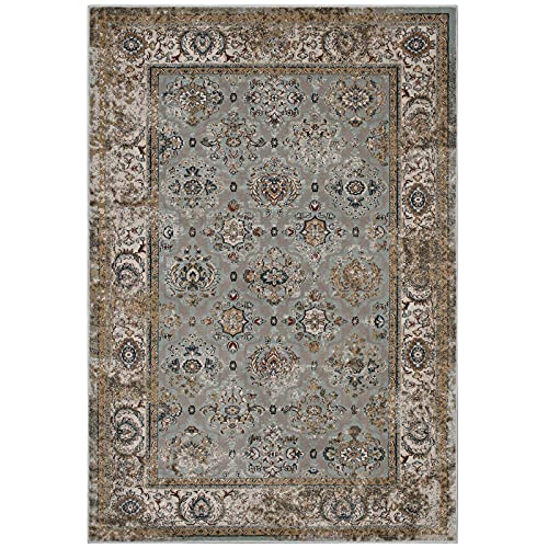 Modway Hisa Distressed Vintage Floral Lattice 5x8 Area Rug In Silver Blue, Beige and Brown