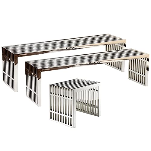 Modway Gridiron Benches Set of 3 in Silver