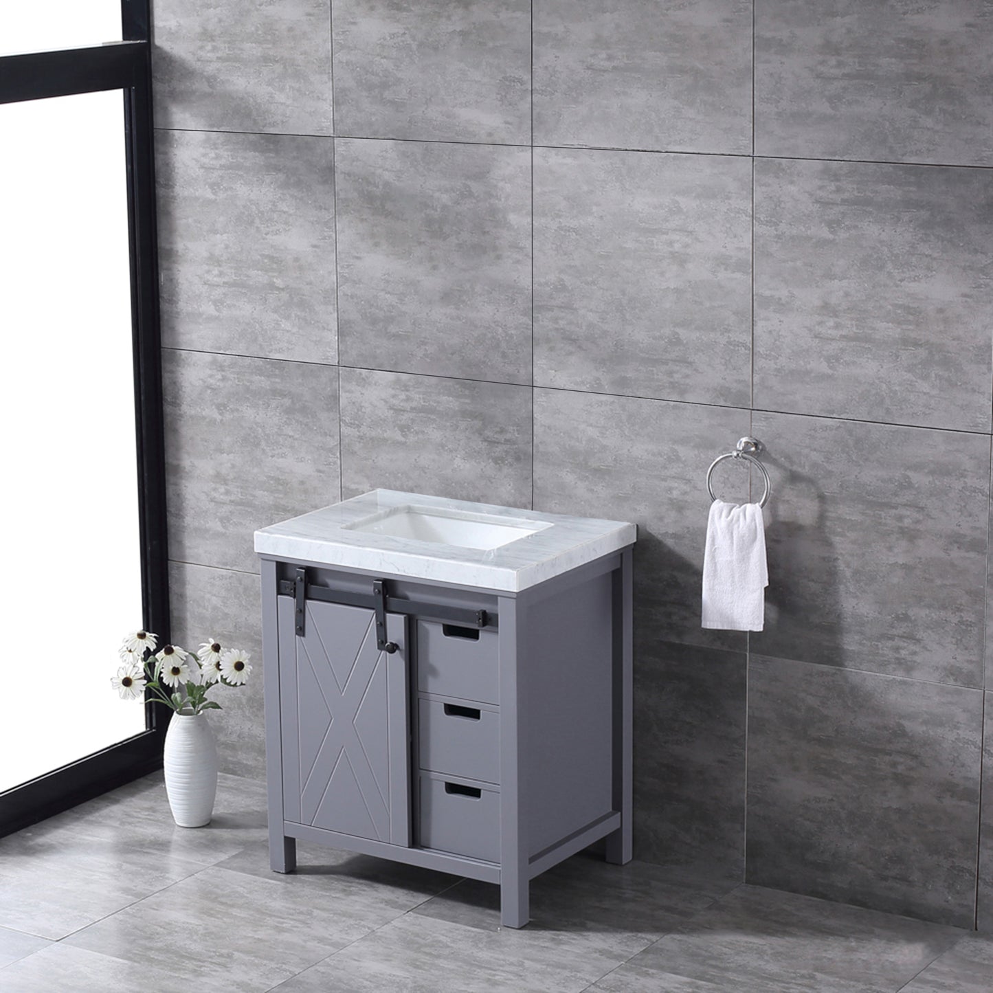 Marsyas 30" Dark Grey Single Vanity, White Carrara Marble Top, White Square Sink and no Mirror