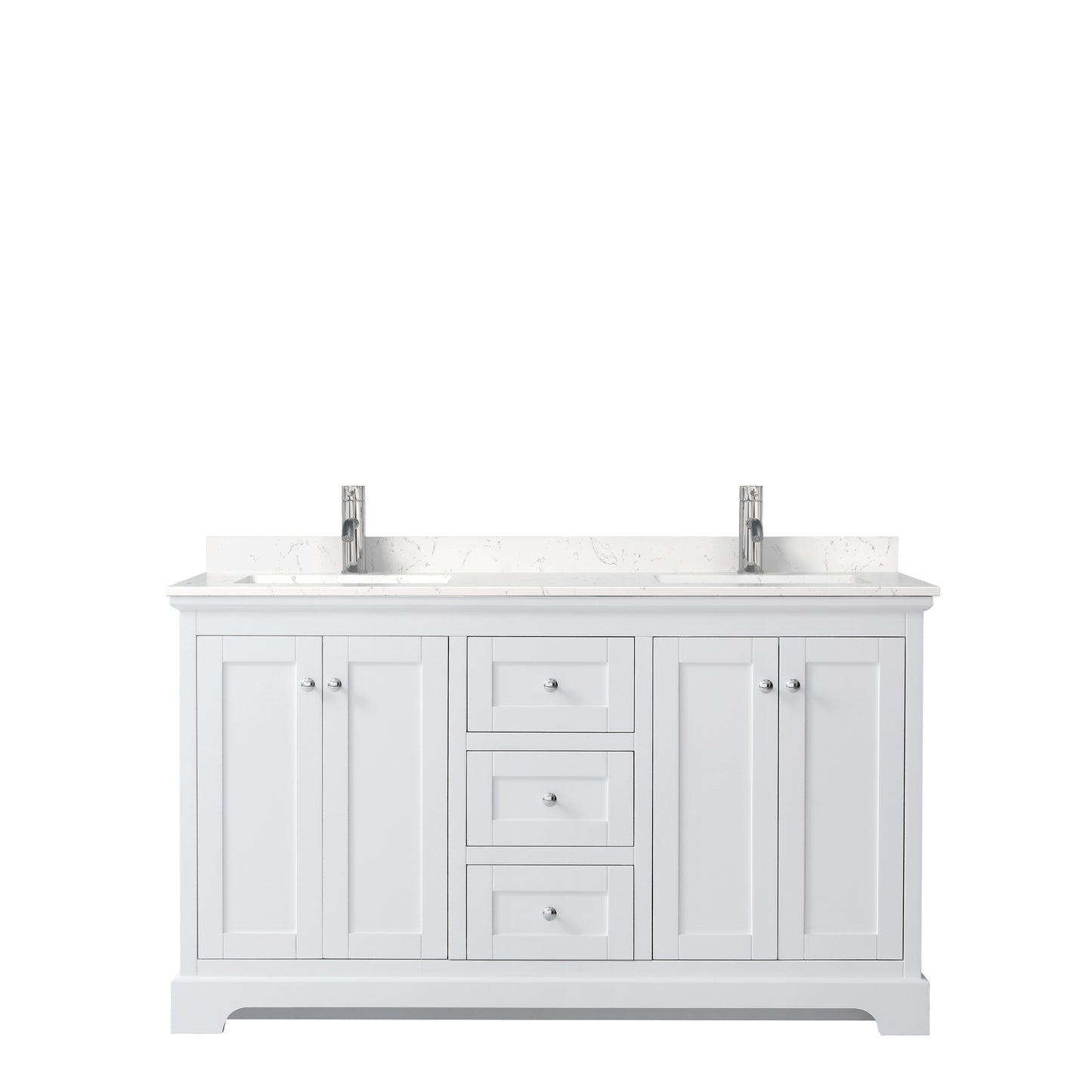 Avery 60 Inch Double Bathroom Vanity in White, Carrara Cultured Marble Countertop, Undermount Square Sinks, No Mirror