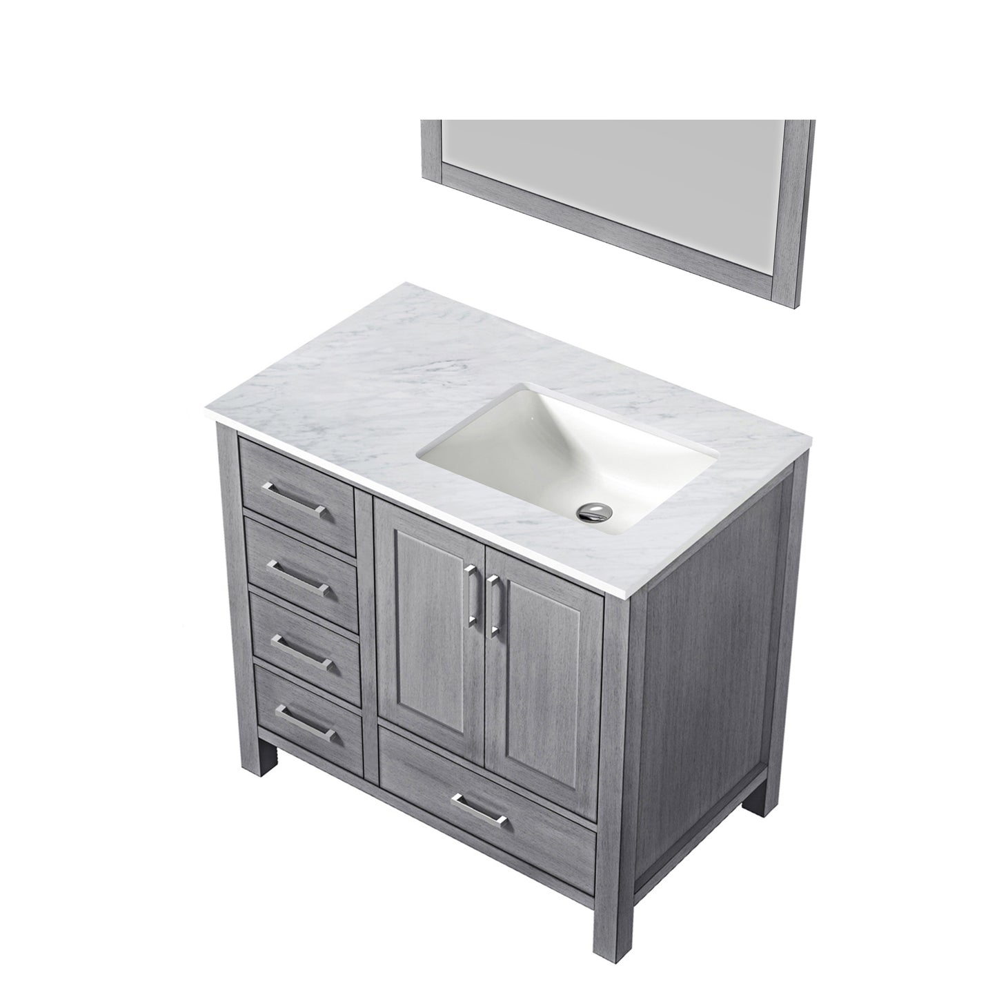 Jacques 36" Distressed Grey Single Vanity, White Carrara Marble Top, White Square Sink and 34" Mirror - Right Version