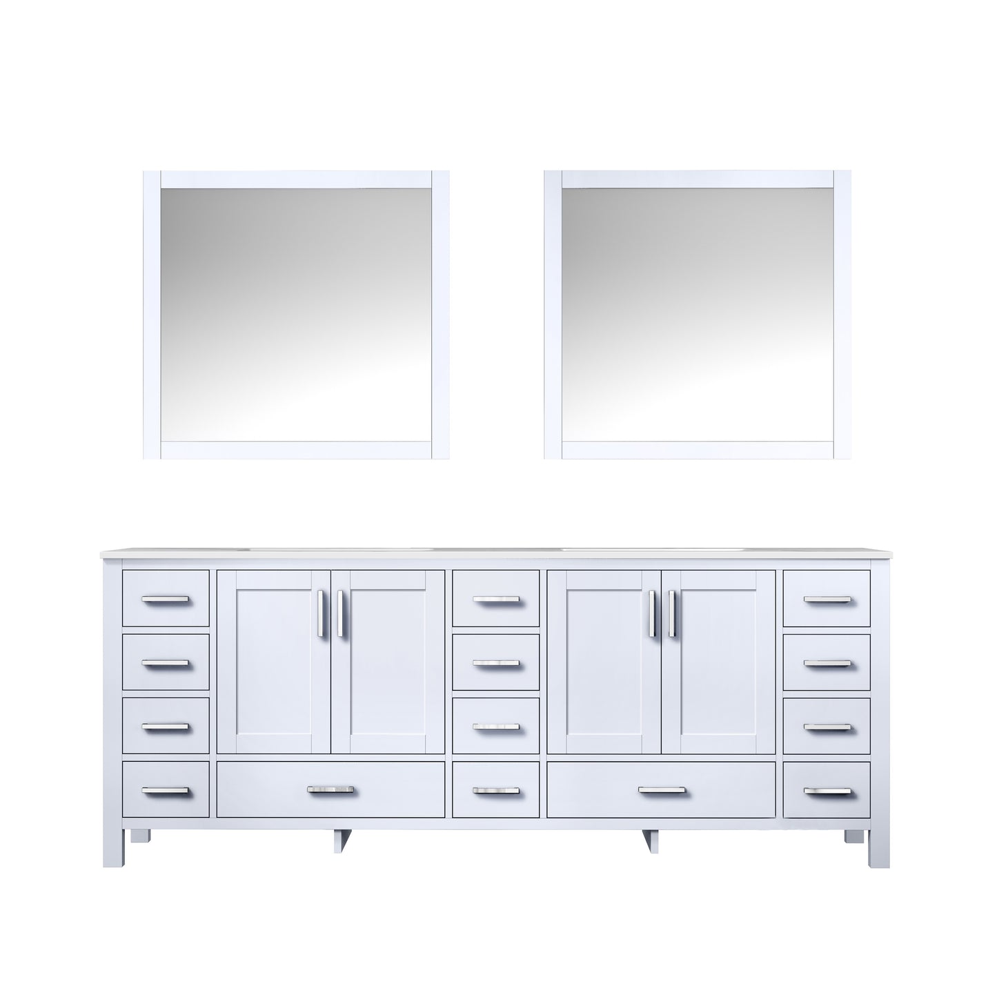 Jacques 84" White Double Vanity, White Carrara Marble Top, White Square Sinks and 34" Mirrors
