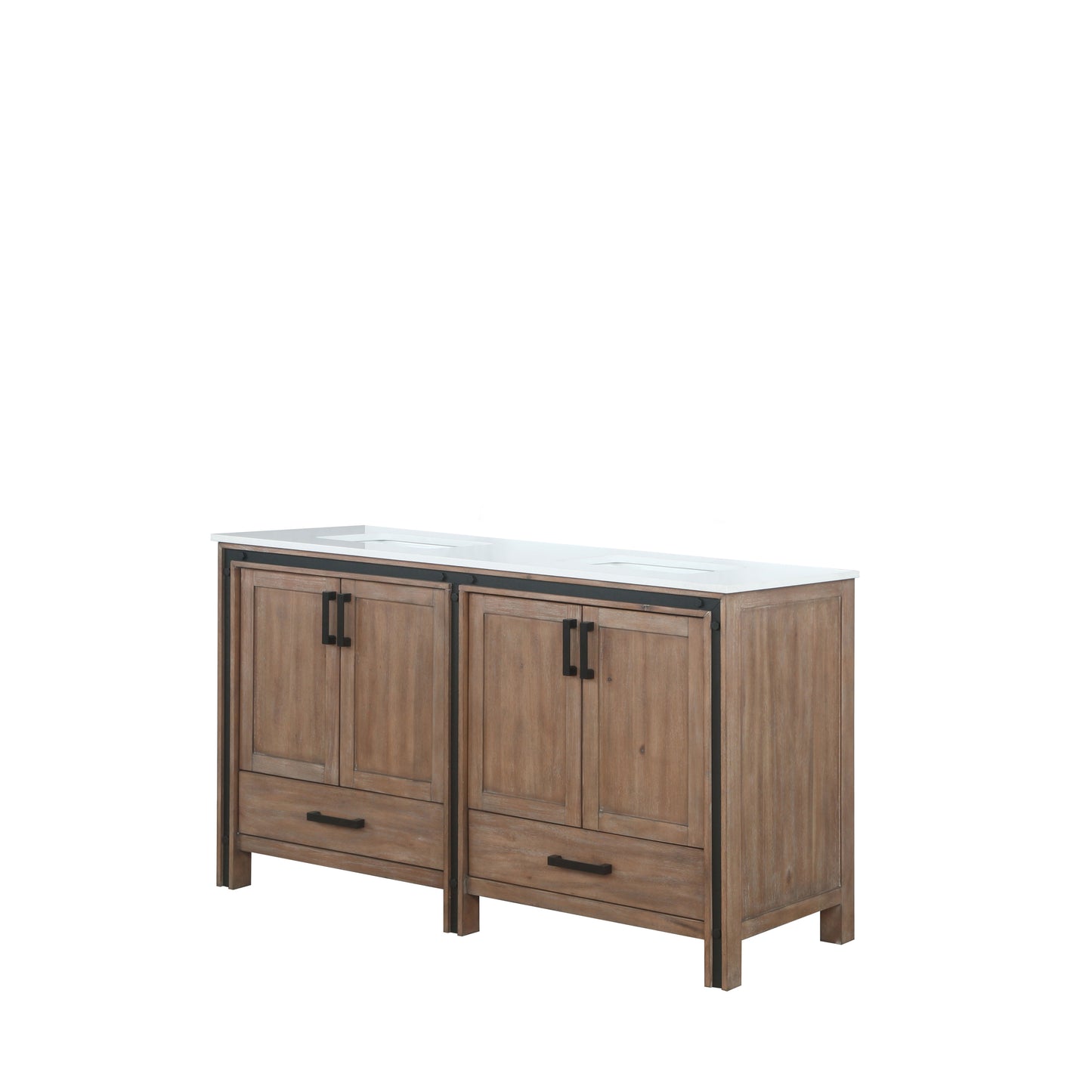 Ziva 60" Rustic Barnwood Double Vanity, Cultured Marble Top, White Square Sink and no Mirror