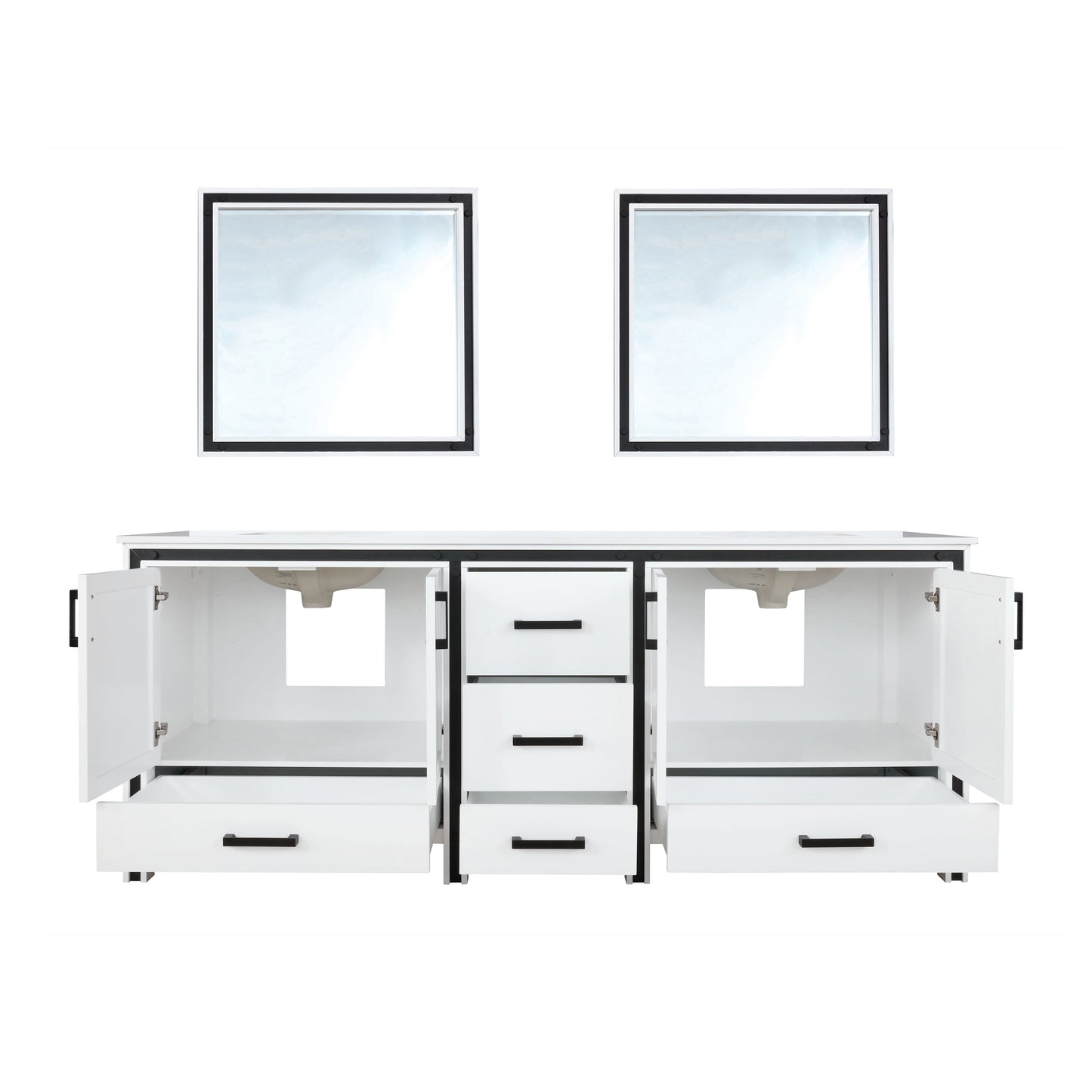 Ziva 84" White Double Vanity, Cultured Marble Top, White Square Sink and 34" Mirrors