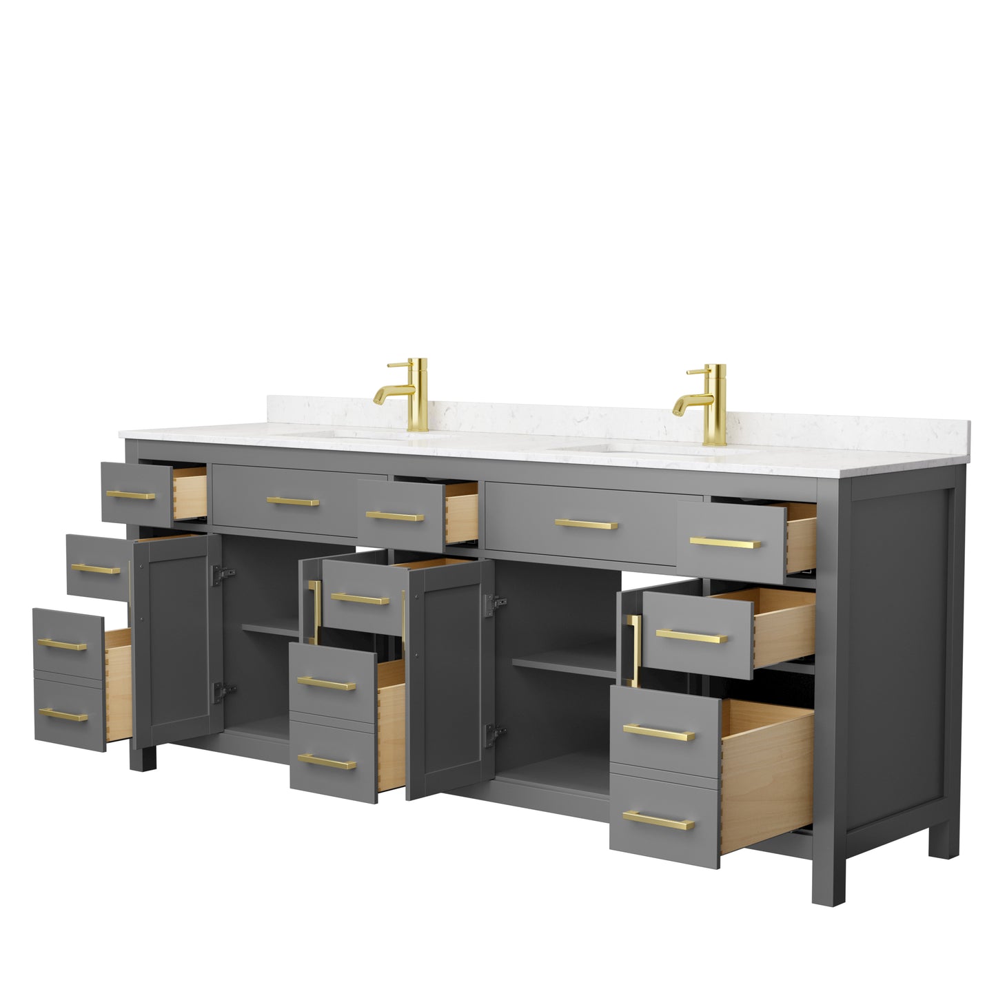 Beckett 84 Inch Double Bathroom Vanity in Dark Gray, Carrara Cultured Marble Countertop, Undermount Square Sinks, Brushed Gold Trim