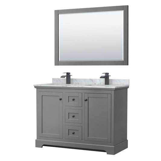 Avery 48 Inch Double Bathroom Vanity in Dark Gray, White Carrara Marble Countertop, Undermount Square Sinks, Matte Black Trim, 46 Inch Mirror