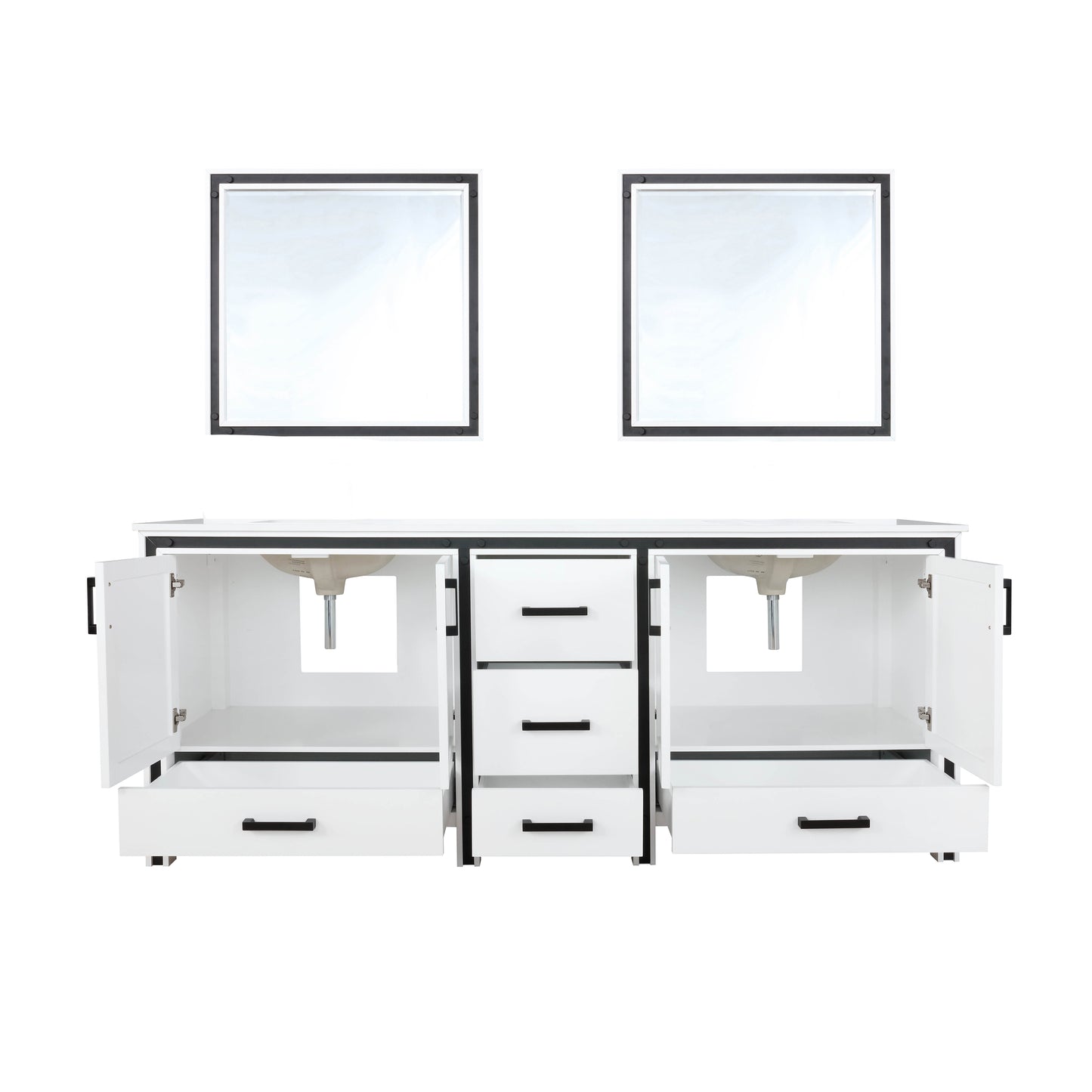 Ziva 80" White Double Vanity, Cultured Marble Top, White Square Sink and 30" Mirrors