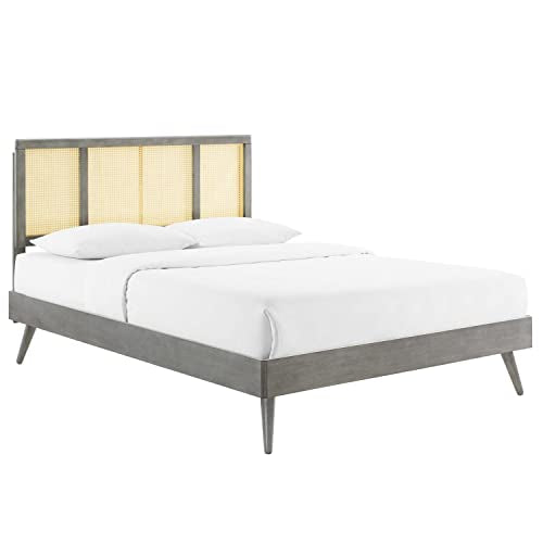 Modway Kelsea Cane and Wood Full Platform Bed with Splayed Legs in Gray