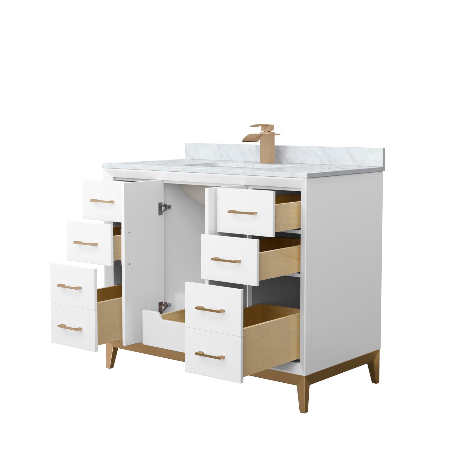 Amici 42 Inch Single Bathroom Vanity in White, White Carrara Marble Countertop, Undermount Square Sink, Satin Bronze Trim