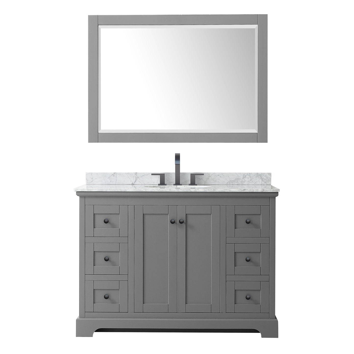Avery 48 Inch Single Bathroom Vanity in Dark Gray, White Carrara Marble Countertop, Undermount Oval Sink, Matte Black Trim, 46 Inch Mirror