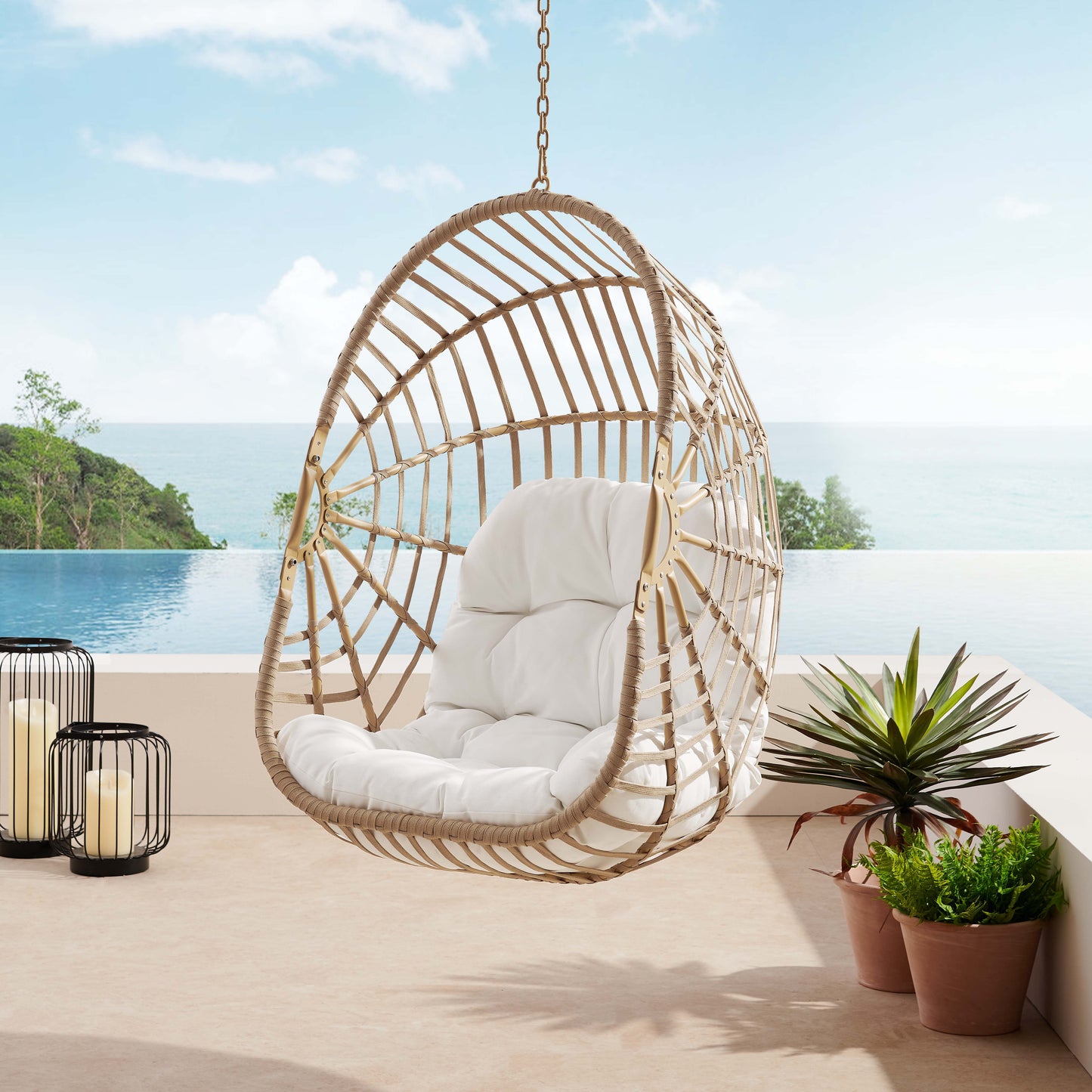 Modway Amalie Rattan Outdoor Patio Swing Chair without Stand in Natural/White