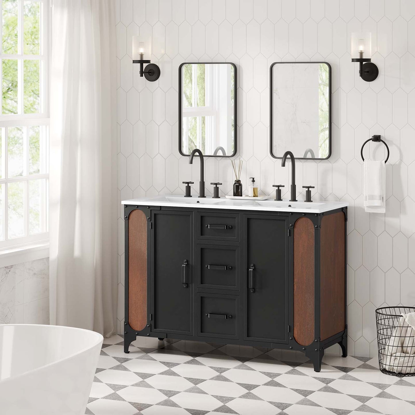 Modway Steamforge 48" Double Sink Bathroom Vanity in White Black