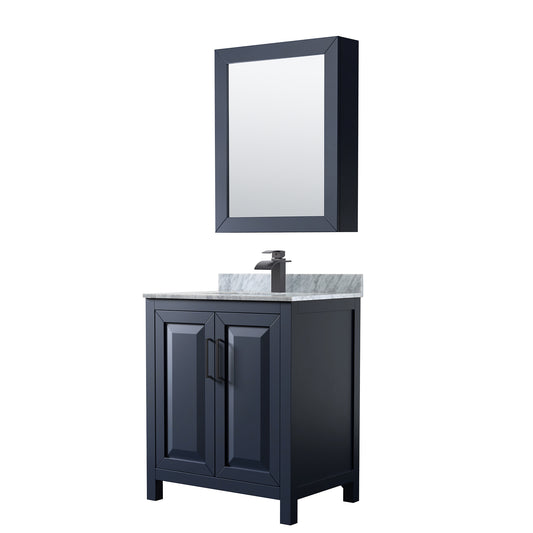 Daria 30 Inch Single Bathroom Vanity in Dark Blue, White Carrara Marble Countertop, Undermount Square Sink, Matte Black Trim, Medicine Cabinet