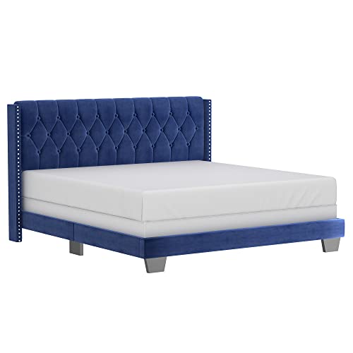 Adamis Modern Velvet Upholstered 78" King Bed in Blue