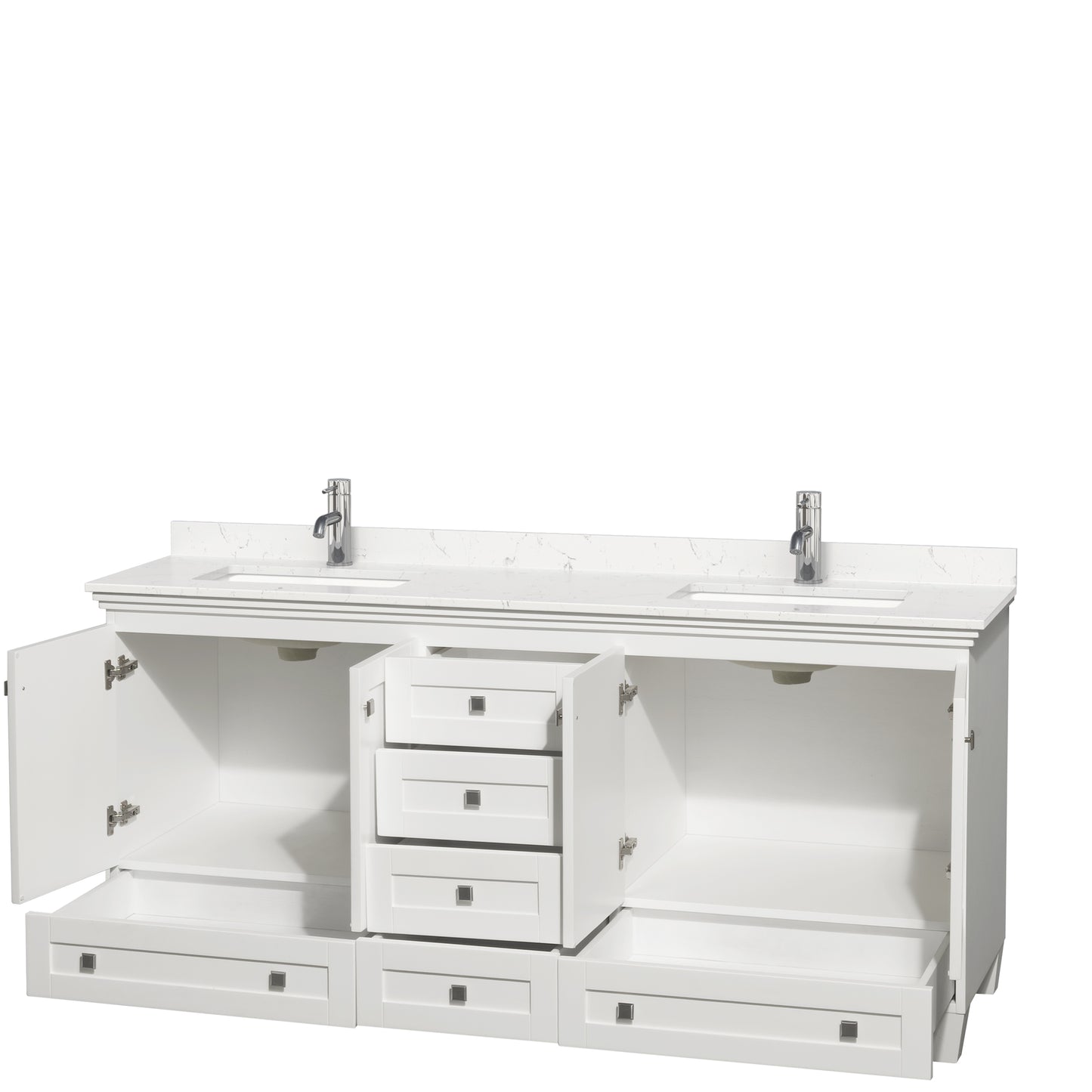 Acclaim 72 Inch Double Bathroom Vanity in White, Carrara Cultured Marble Countertop, Undermount Square Sinks, No Mirrors