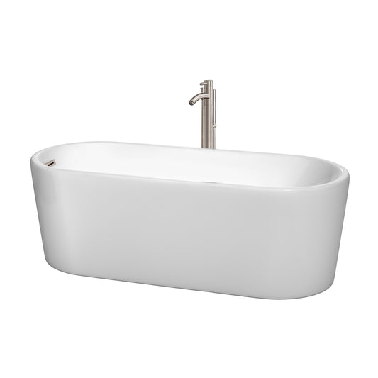 Ursula 67 Inch Freestanding Bathtub in White with Floor Mounted Faucet, Drain and Overflow Trim in Brushed Nickel