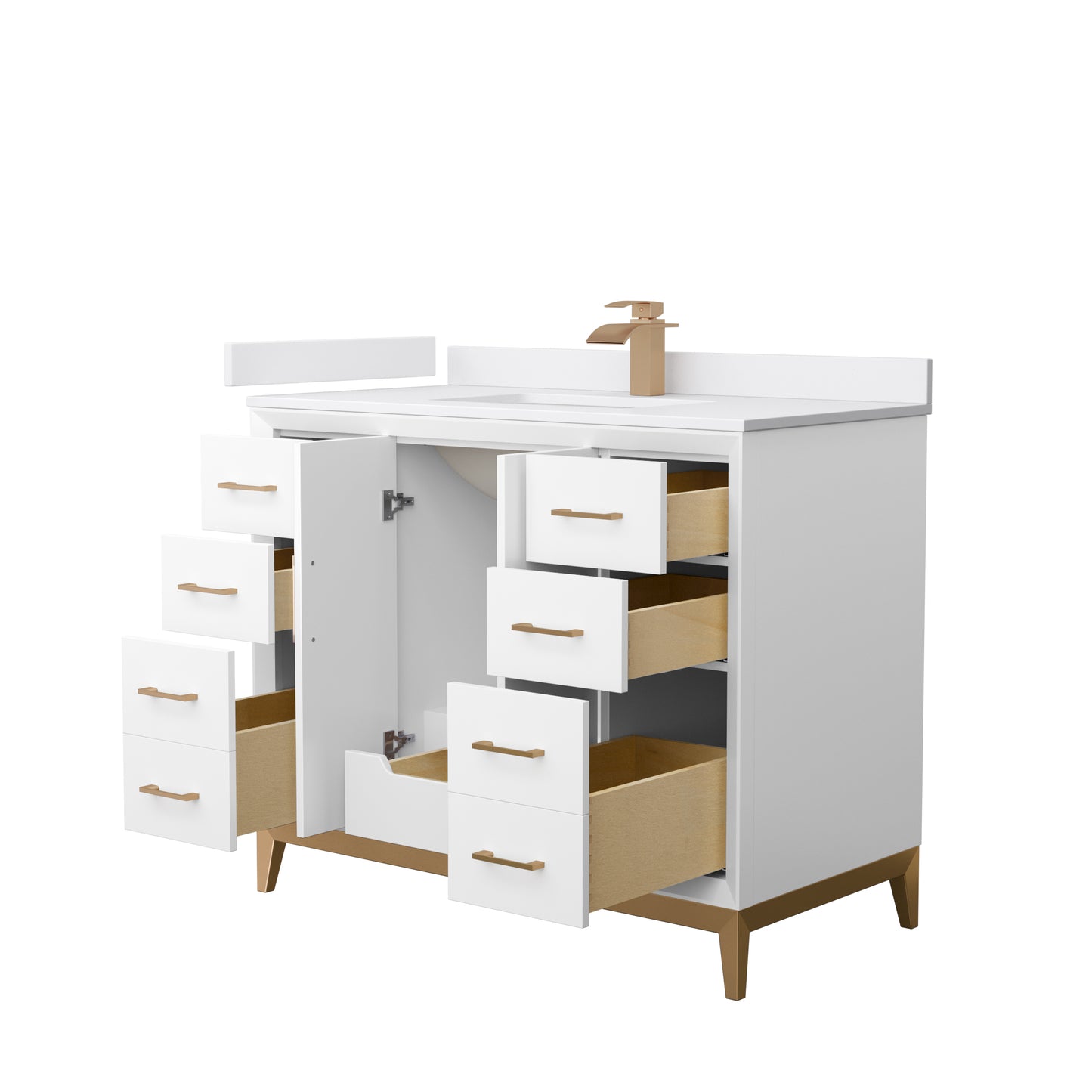 Amici 42 Inch Single Bathroom Vanity in White, White Cultured Marble Countertop, Undermount Square Sink, Satin Bronze Trim