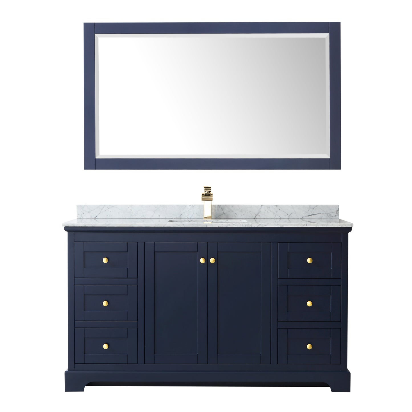 Avery 60 Inch Single Bathroom Vanity in Dark Blue, White Carrara Marble Countertop, Undermount Square Sink, and 58 Inch Mirror