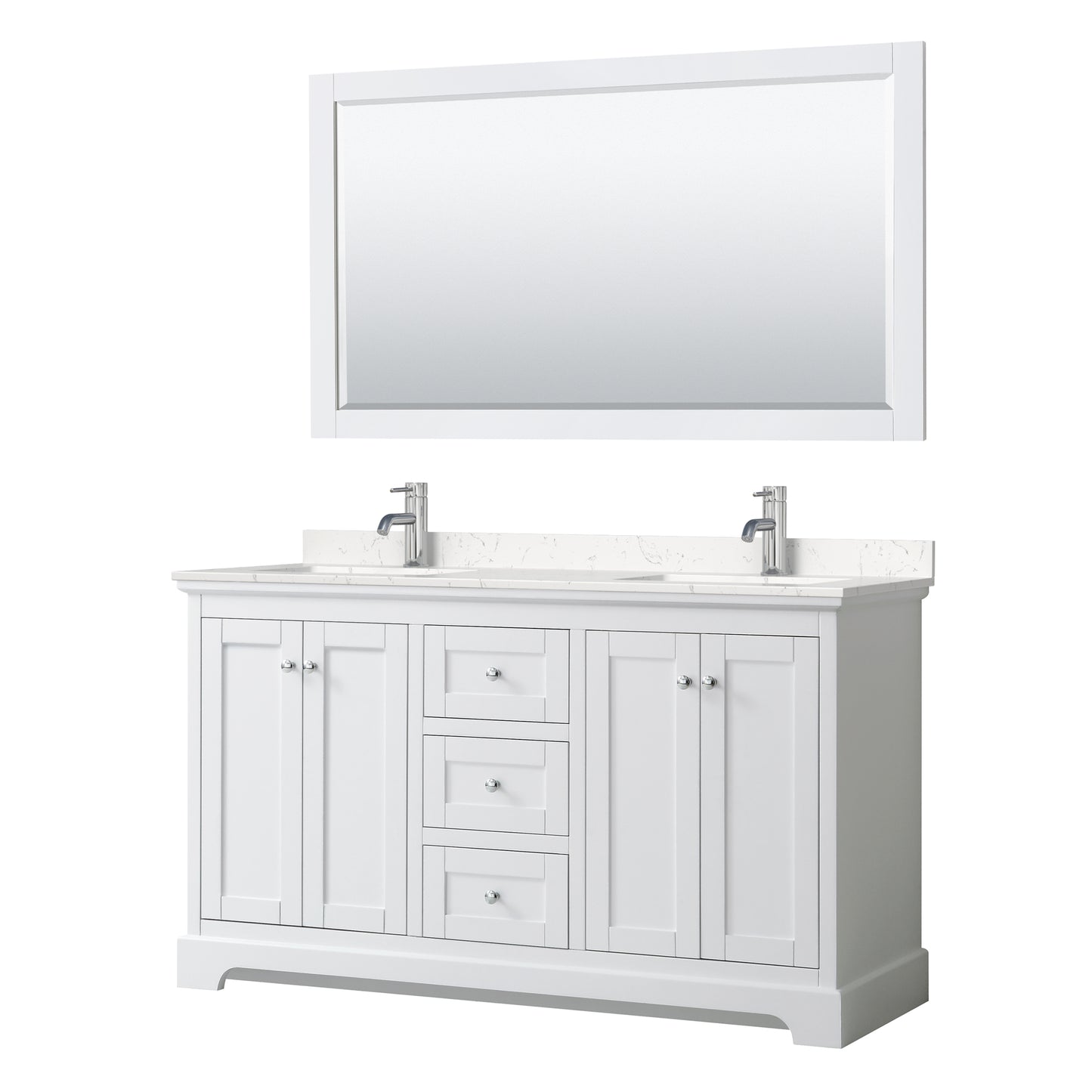 Avery 60 Inch Double Bathroom Vanity in White, Carrara Cultured Marble Countertop, Undermount Square Sinks, 58 Inch Mirror