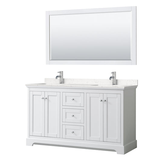 Avery 60 Inch Double Bathroom Vanity in White, Carrara Cultured Marble Countertop, Undermount Square Sinks, 58 Inch Mirror