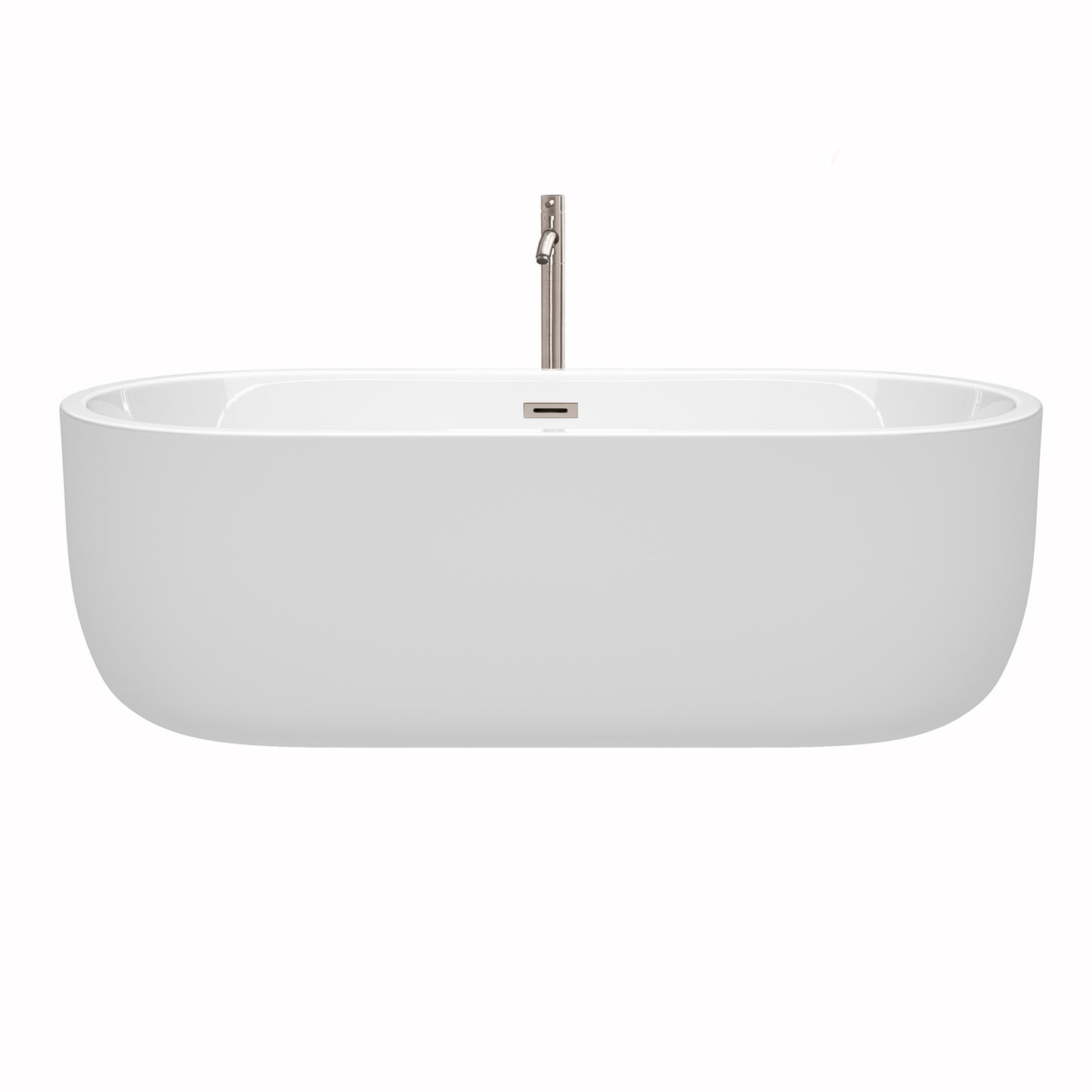Juliette 71 Inch Freestanding Bathtub in White with Floor Mounted Faucet, Drain and Overflow Trim in Brushed Nickel