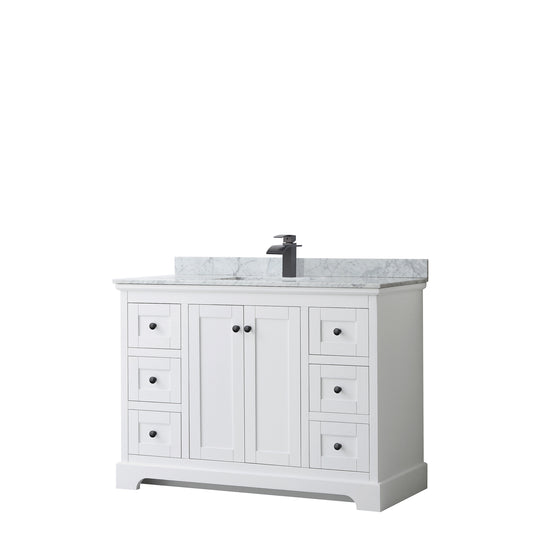 Avery 48 Inch Single Bathroom Vanity in White, White Carrara Marble Countertop, Undermount Square Sink, Matte Black Trim