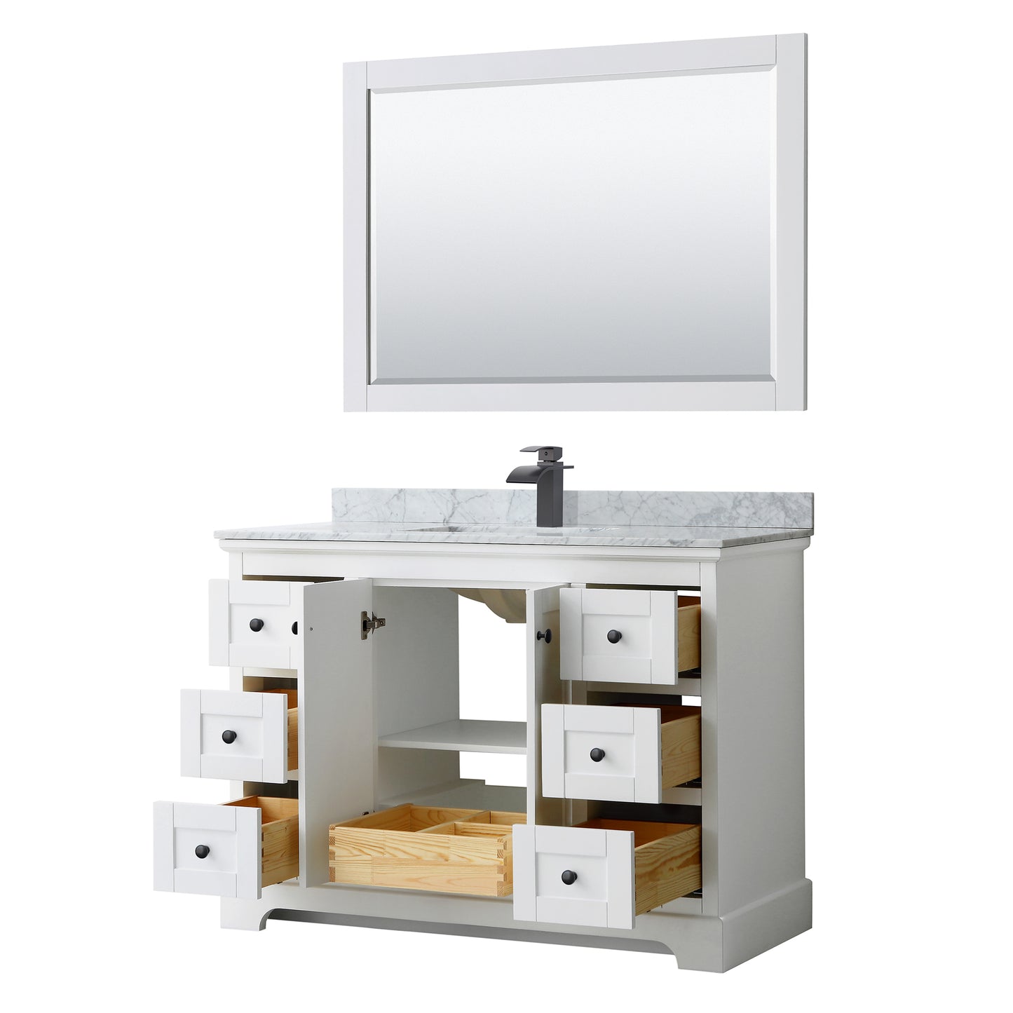 Avery 48 Inch Single Bathroom Vanity in White, White Carrara Marble Countertop, Undermount Square Sink, Matte Black Trim, 46 Inch Mirror