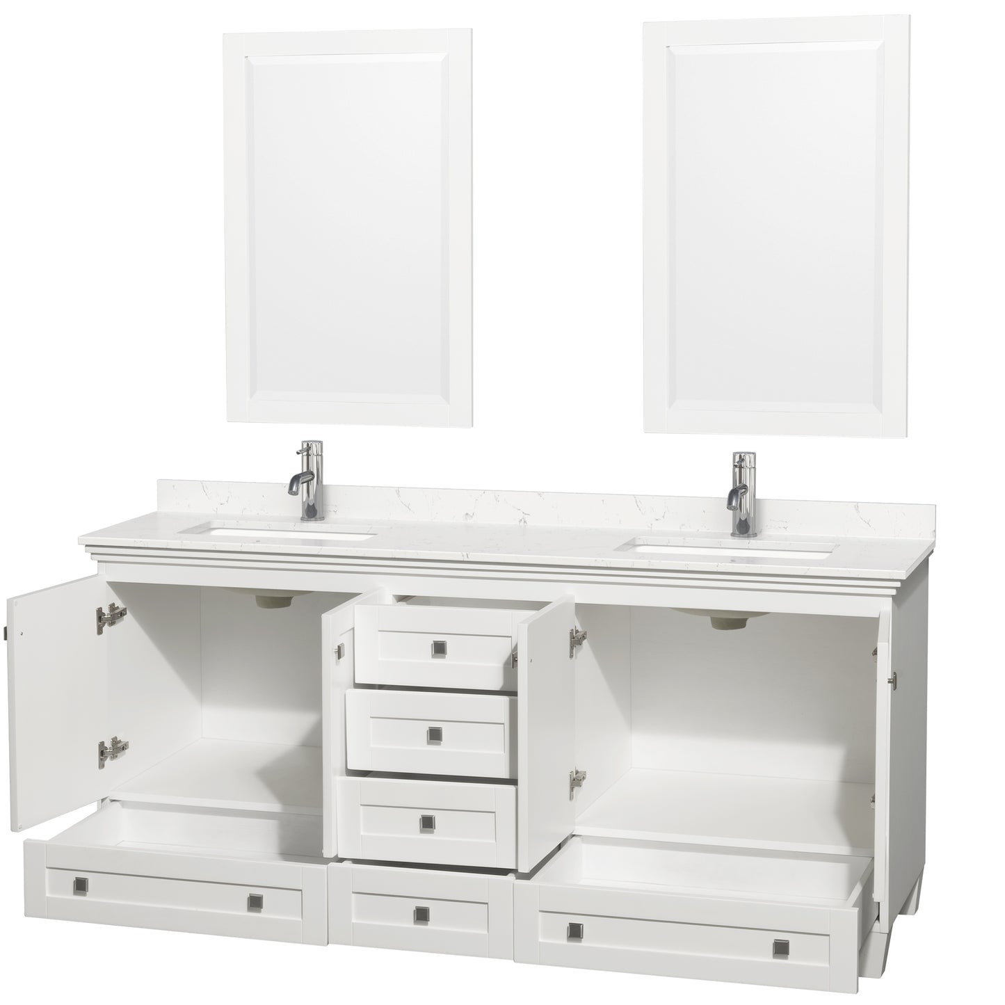 Acclaim 72 Inch Double Bathroom Vanity in White, Carrara Cultured Marble Countertop, Undermount Square Sinks, 24 Inch Mirrors