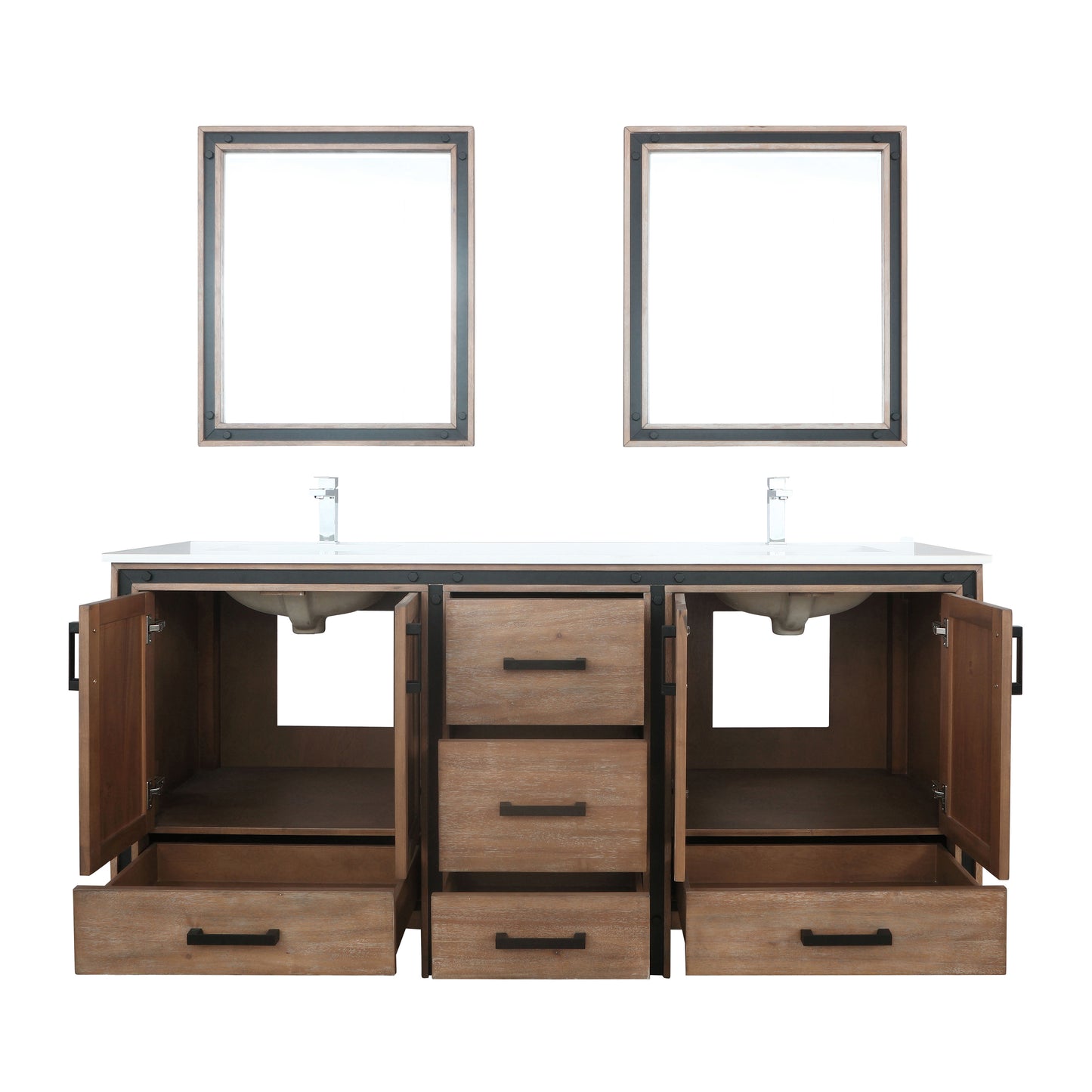 Ziva 72" Rustic Barnwood Double Vanity, Cultured Marble Top, White Square Sink and 30" Mirrors w/ Faucet