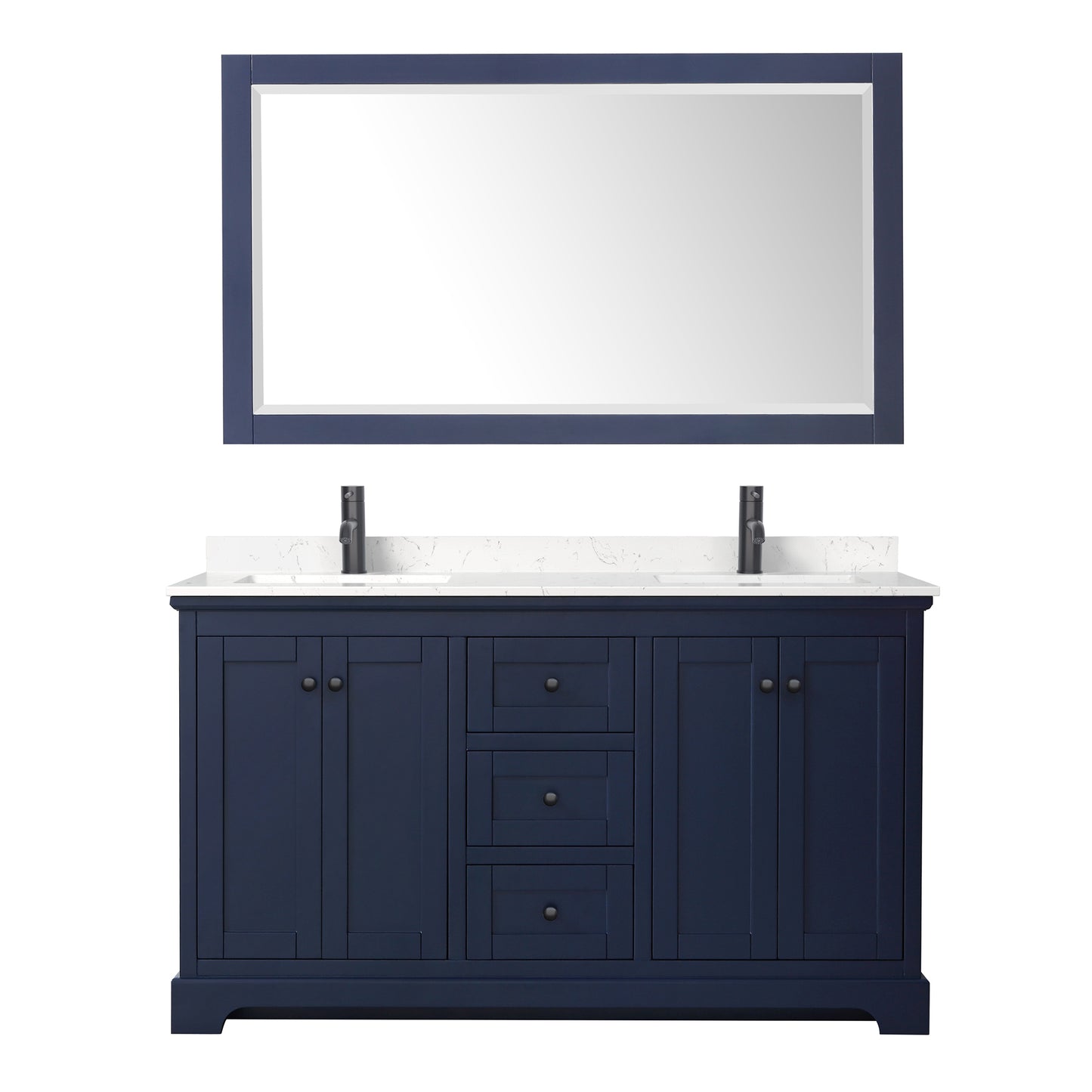 Avery 60 Inch Double Bathroom Vanity in Dark Blue, Carrara Cultured Marble Countertop, Undermount Square Sinks, Matte Black Trim, 58 Inch Mirror