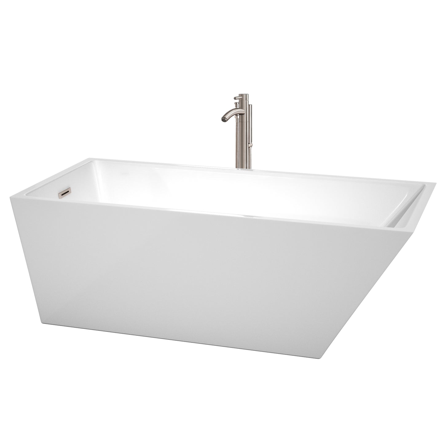 Hannah 67 Inch Freestanding Bathtub in White with Floor Mounted Faucet, Drain and Overflow Trim in Brushed Nickel