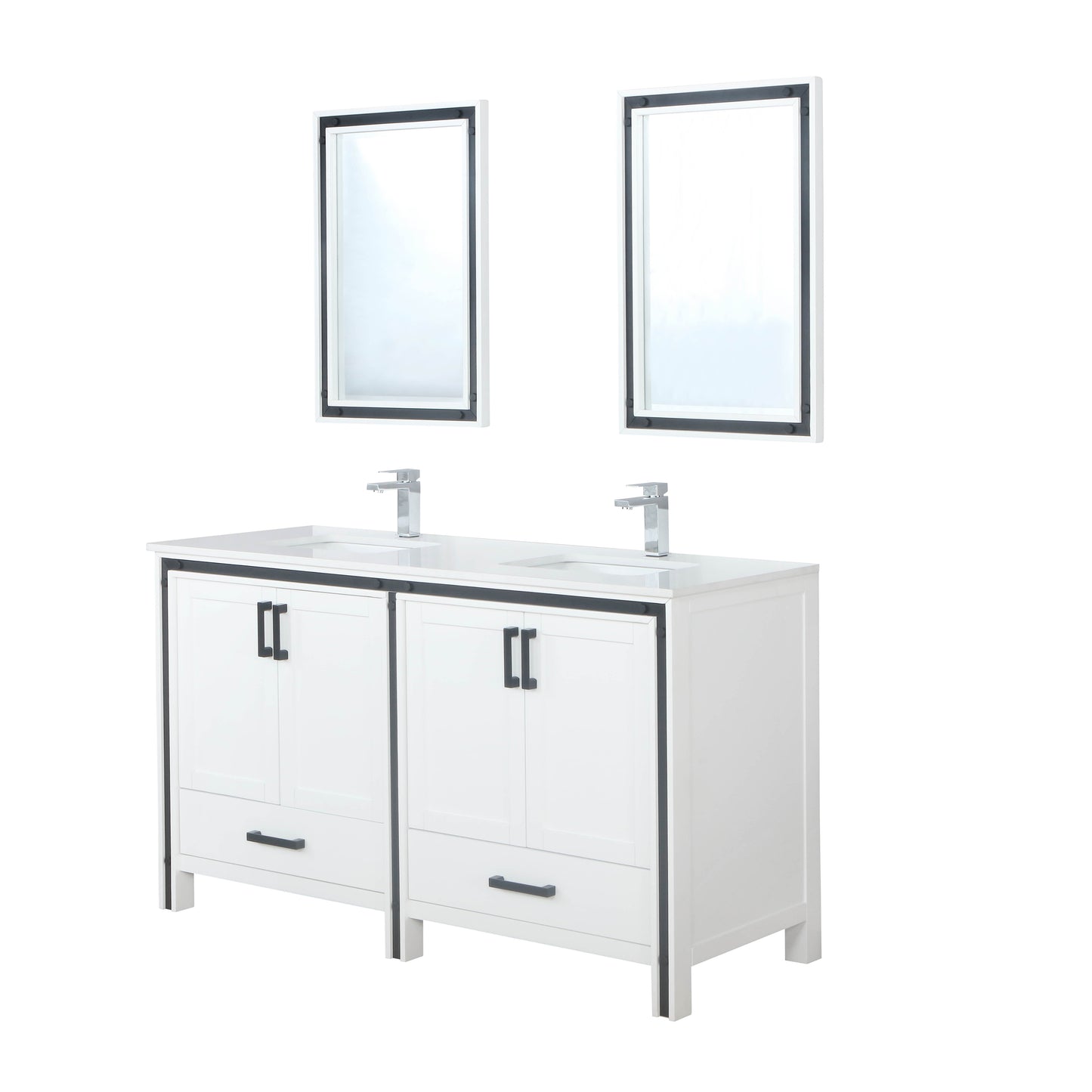 Ziva 60" White Double Vanity, Cultured Marble Top, White Square Sink and 22" Mirrors w/ Faucet