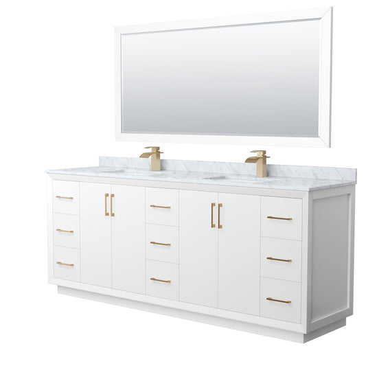 Strada 84 Inch Double Bathroom Vanity in White, White Carrara Marble Countertop, Undermount Square Sink, Satin Bronze Trim, 70 Inch Mirror