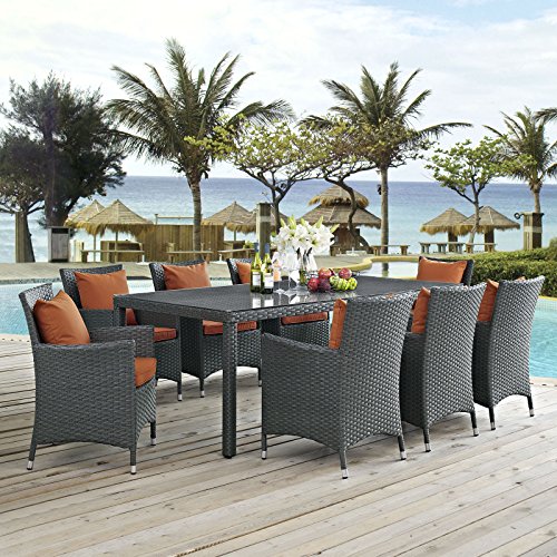 Modway EEI-2310-CHC-RED-SET Sojourn 11 Piece Outdoor Patio Sunbrella Dining Set in Canvas Red