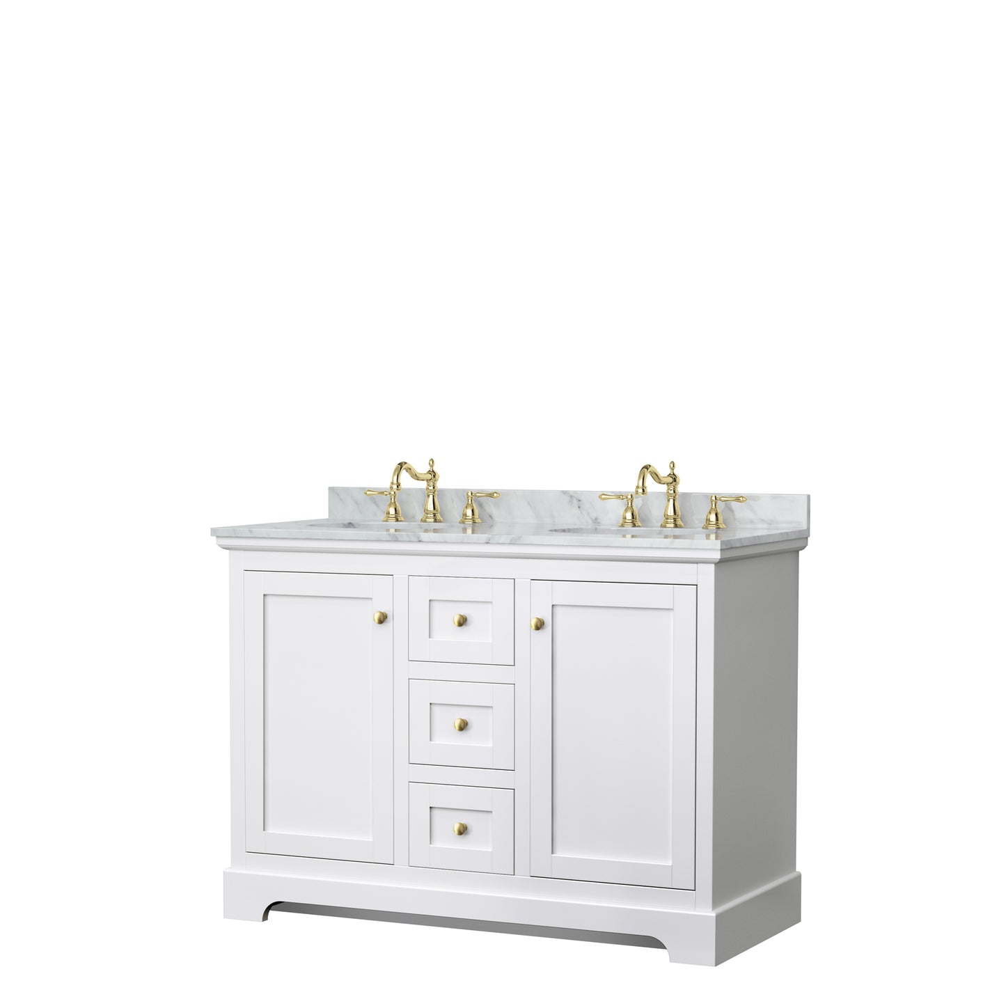 Avery 48 Inch Double Bathroom Vanity in White, White Carrara Marble Countertop, Undermount Oval Sinks, Brushed Gold Trim