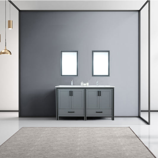 Ziva 60" Dark Grey Double Vanity, Cultured Marble Top, White Square Sink and 22" Mirrors w/ Faucet