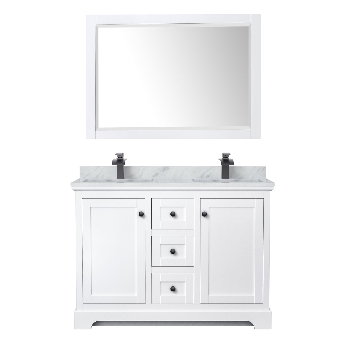 Avery 48 Inch Double Bathroom Vanity in White, White Carrara Marble Countertop, Undermount Square Sinks, Matte Black Trim, 46 Inch Mirror
