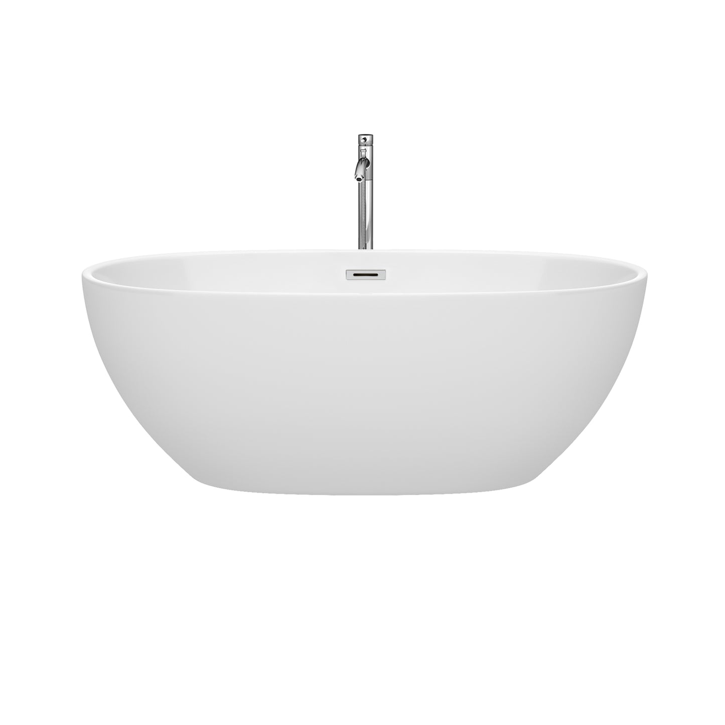 Juno 63 Inch Freestanding Bathtub in White with Floor Mounted Faucet, Drain and Overflow Trim in Polished Chrome