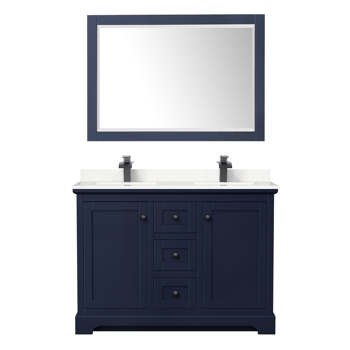Avery 48 Inch Double Bathroom Vanity in Dark Blue, Carrara Cultured Marble Countertop, Undermount Square Sinks, Matte Black Trim, 46 Inch Mirror