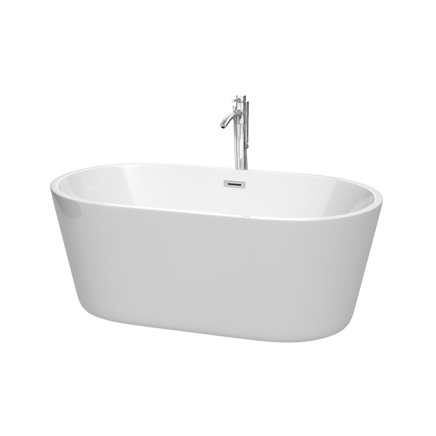 Carissa 60 Inch Freestanding Bathtub in White with Floor Mounted Faucet, Drain and Overflow Trim in Polished Chrome