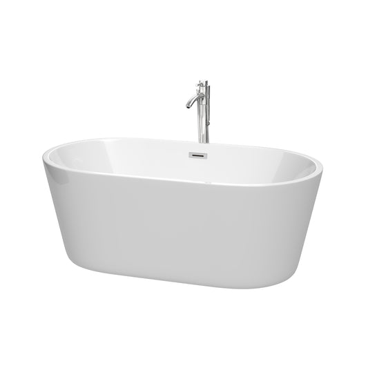 Carissa 60 Inch Freestanding Bathtub in White with Floor Mounted Faucet, Drain and Overflow Trim in Polished Chrome