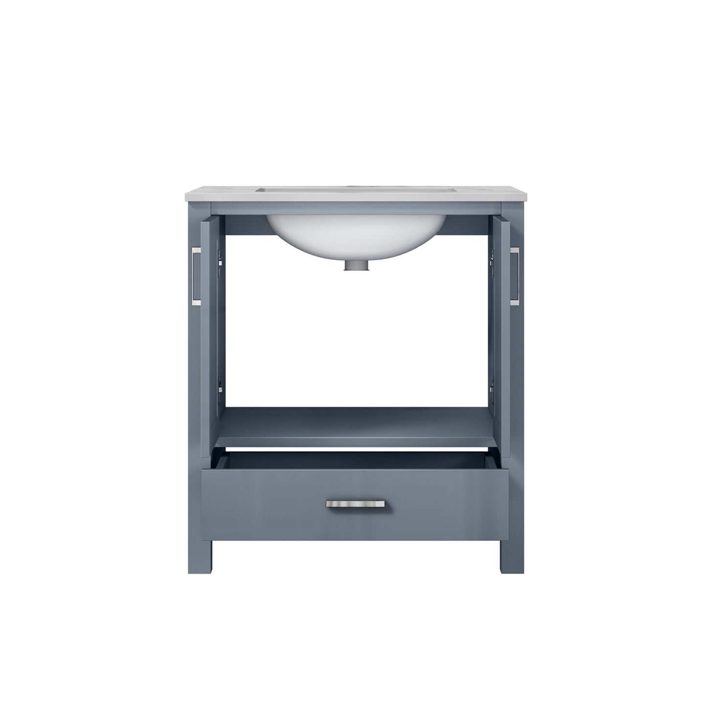 Jacques 30" Dark Grey Single Vanity, White Carrara Marble Top, White Square Sink and no Mirror