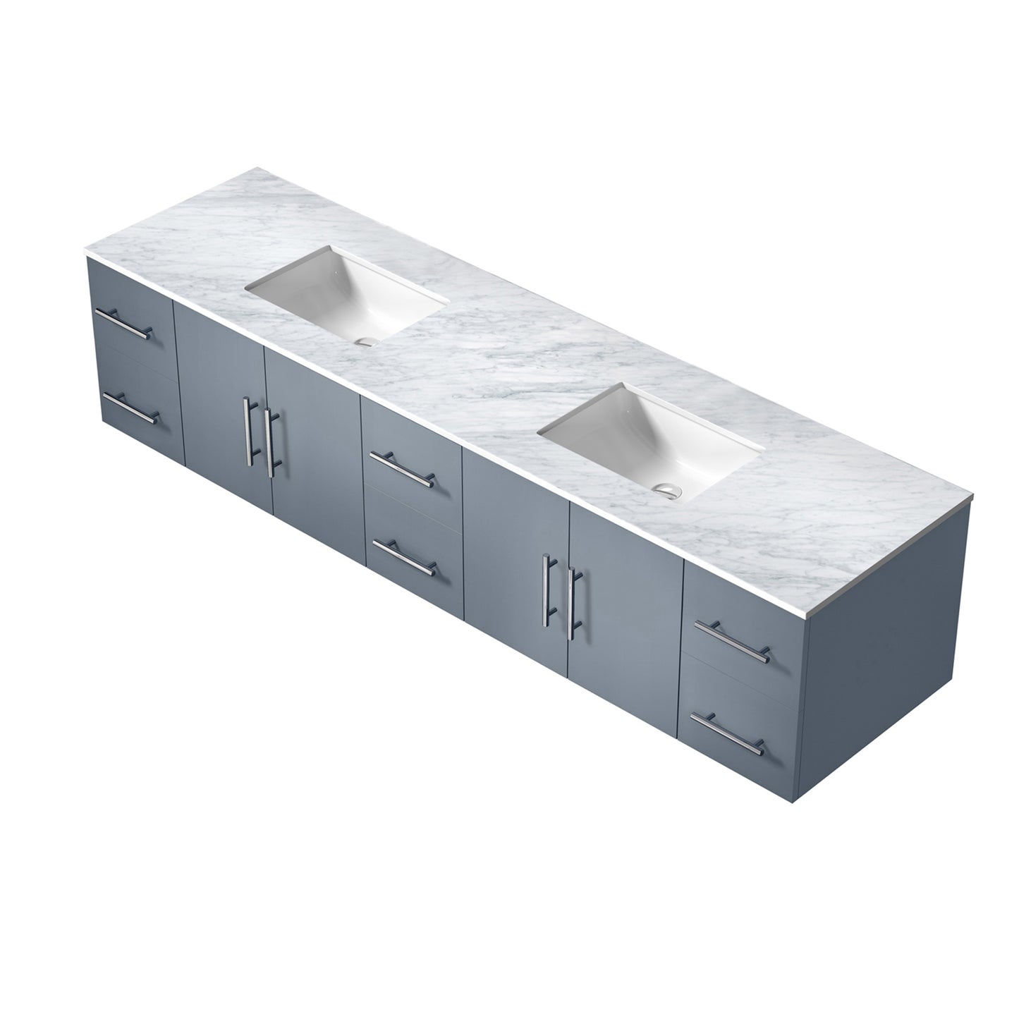 Geneva 84" Dark Grey Double Vanity, White Carrara Marble Top, White Square Sinks and 36" LED Mirrors