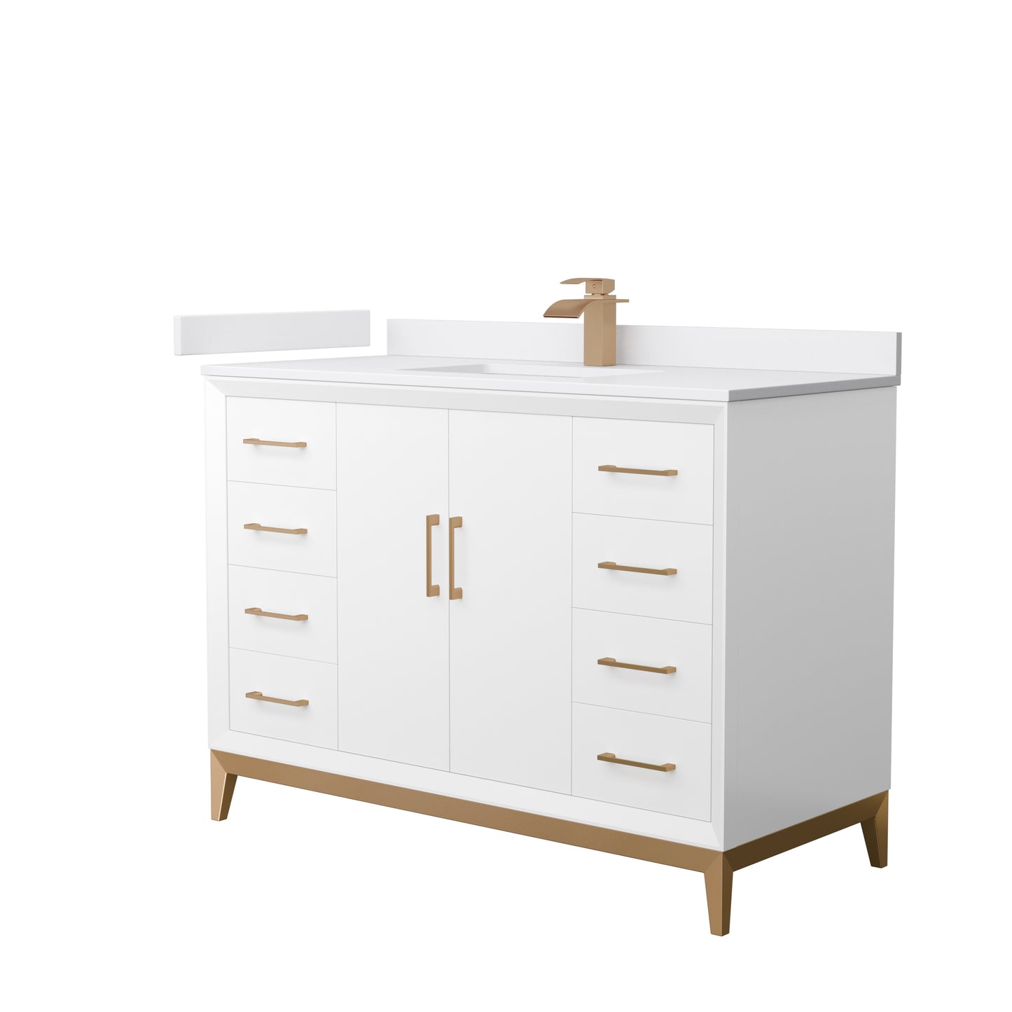 Amici 48 Inch Single Bathroom Vanity in White, White Cultured Marble Countertop, Undermount Square Sink, Satin Bronze Trim